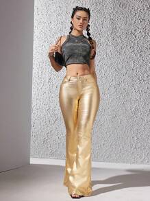 SHEIN Tall 1 条女式金属喇叭裤 - 金色 - 查看 4