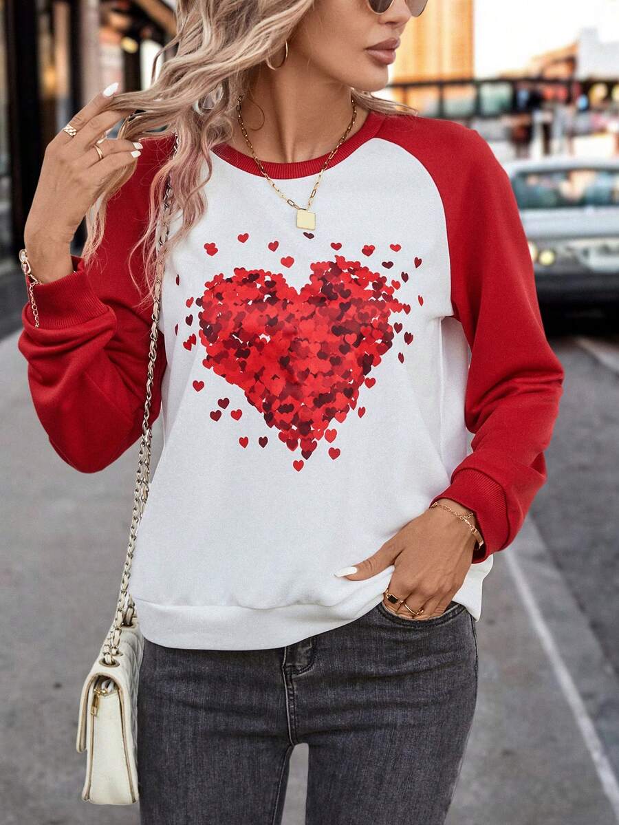 SHEIN LUNE 心型印花拼色插肩袖衛衣 - 紅白色 - 查看 1