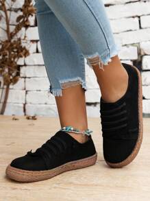 Women's Retro Colorful Sewing Thread Mid-top Athletic Shoes With Round Toe, Spring/autumn Casual Flat Heel Holiday Style Black Flat Shoes