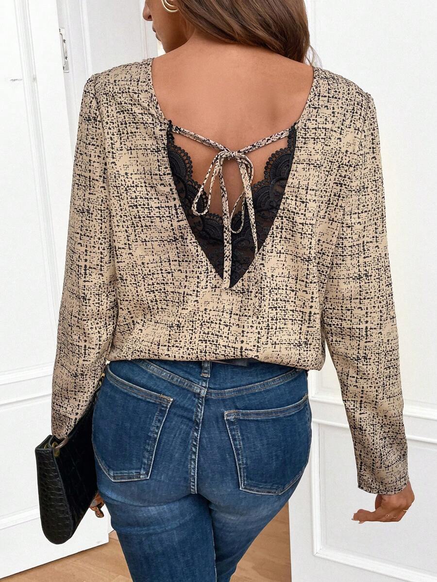 SHEIN Frenchy Women's Lace Splice Shirt With Back Tie Casual - Apricot - View 1