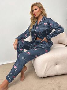 Flamingo & Letter Print Tương phản Binding Áo và quần PJ Set / Pyjama Set - Màu xanh bụi bặm - Xem 6