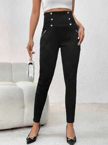 SHEIN Privé Women's Double Breasted Long Pants - Black - View 5