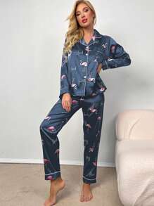 Flamingo & Letter Print Tương phản Binding Áo và quần PJ Set / Pyjama Set - Màu xanh bụi bặm - Xem 5