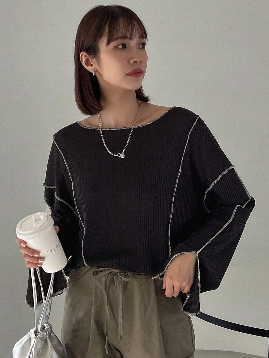 FRIFUL 女士宽松缝线细节圆领 T 恤，秋季服装长袖女上衣 - 黑色 - 查看 1