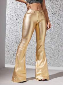SHEIN Tall 1 条女式金属喇叭裤 - 金色 - 查看 3