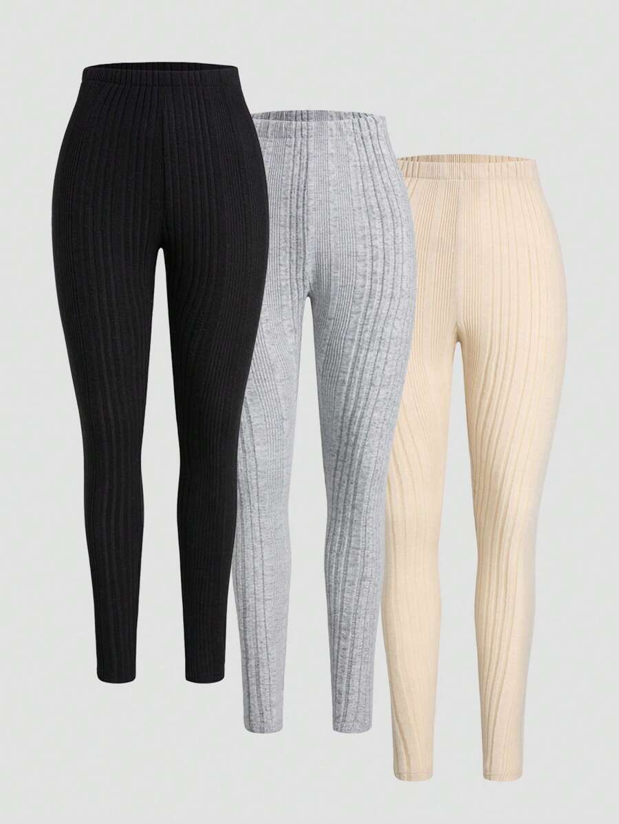SHEIN Unity 3pcs Solid Ribbed Knit Leggings - Black - View 1