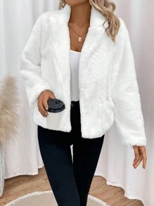 SHEIN Frenchy Cổ áo Túi Kép Mở Mặt trước 	
Fuzzy áo - trắng - Xem 7