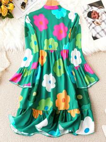 Breezaya Vestido Con Estampado Floral Y Manga Acampanada Con Dobladillo Con Volantes - Verde - Ver 2