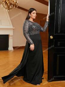Plus Size Sequined Mesh Contrast Double-Layered Hem Evening Dress