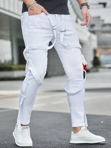 Manfinity Homme 男士街头时尚白色牛仔裤，磨边牛仔裤纯色修身长款白色洗水工装牛仔裤，适合送给老公、男朋友的礼物 - 白色 - 查看 5