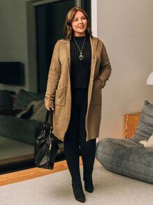 EMERY ROSE Plus Size Hooded Cardigan With Double Pockets And Buttons - Khaki - View 4