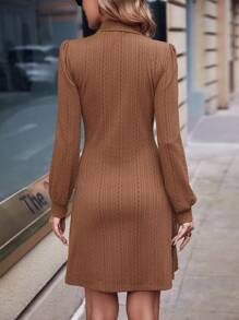 Chiquease Solid Lantern Sleeve Dress Without Belt - Coffee - View 2