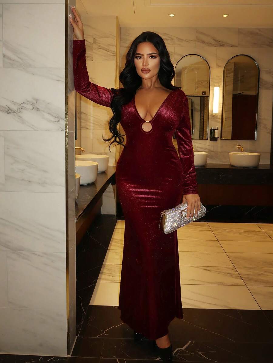 SHEIN SXY Red Velvet High Split Formal Dress For New Year - Burgundy - View 1