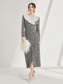 Modelyn V 领蕾丝细节收腰优雅连衣裙长款晚礼服 - 彩色 - 查看 6