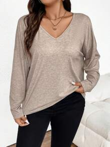 SHEIN Frenchy Plus Size Drop Shoulder T-Shirt - Khaki - View 1