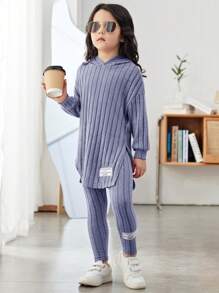 SHEIN Young Girl 字母拼貼落肩連帽衫和緊身褲 - 淺藍色 - 查看 4