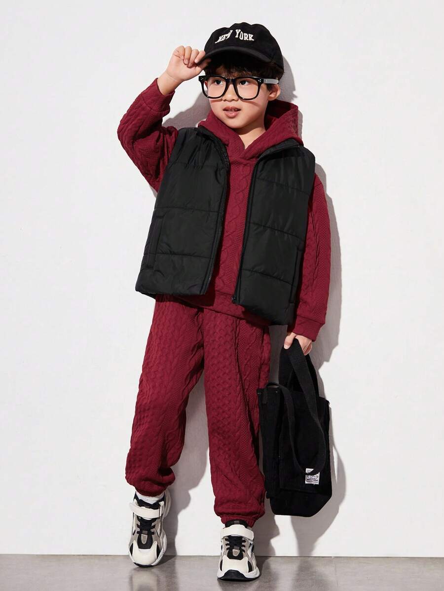 SHEIN Toddler Boys' Casual Comfortable Hoodie With Twisted Knitting Pattern & Thick -padded Vest & Warmer Trousers - Blue - View 1