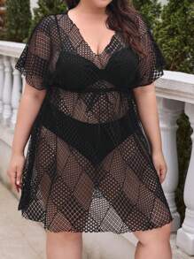 SHEIN Swim Curve Plus Size Hollow Out Knitted Cover Up Dress Summer - Black - View 5