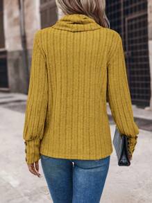 SHEIN LUNE Cowl Neck Long Sleeve Buttoned Ribbed Tee - Mustard Yellow - View 2