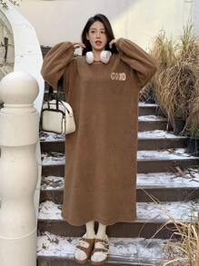 Dazy Star Letter Embroidery Drop Shoulder Teddy Dress - Brown - View 5