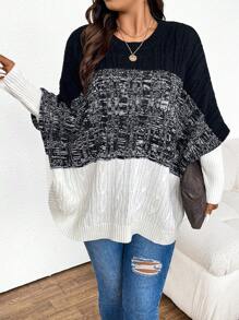 SHEIN Frenchy Plus Size Colorblock Round Neck Batwing Sleeve Cable Knitted Sweater - Khaki - View 1