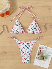 Women's Cherry Print Swimwear Set - Red and White - View 1