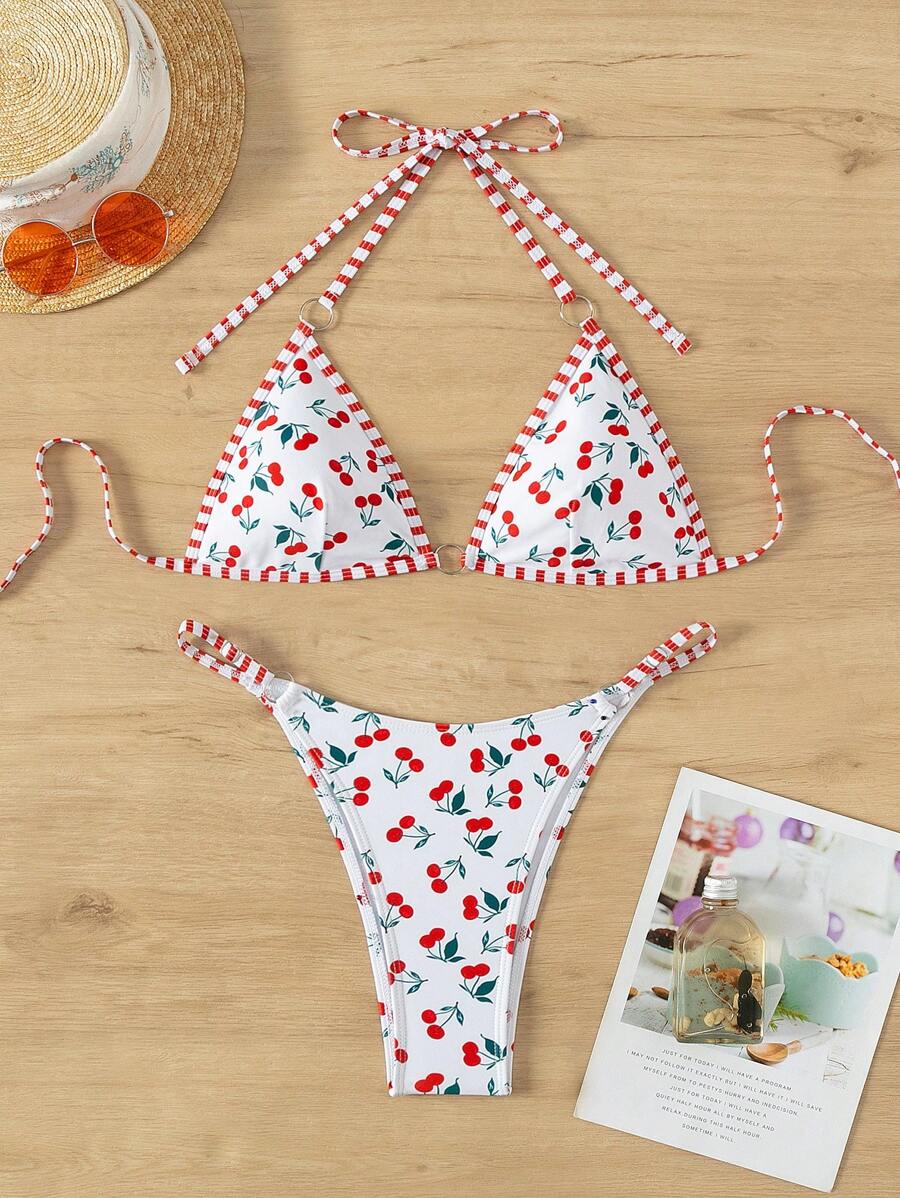 Women's Cherry Print Swimwear Set - Red and White - View 1
