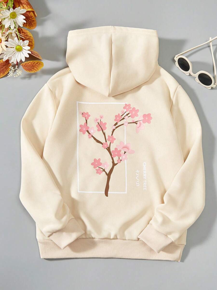 SHEIN Tween Girl 花卉與日文字母圖案連帽衫