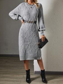 SHEIN Essnce 麻花編織落肩袖毛衣洋裝不附腰帶 - 灰色 - 查看 4