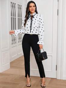 SHEIN Clasi Women's Heart Patterned Frill Collar Shirt - Black and White - View 6