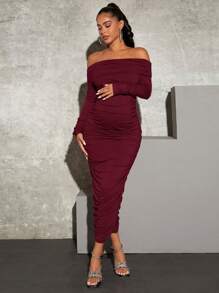 SHEIN Maternity Off Shoulder Ruched Bodycon Dress - Burgundy - View 6