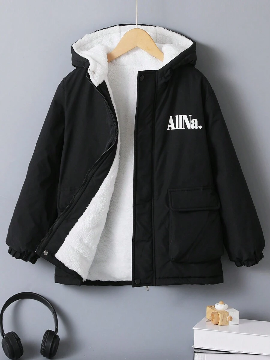 Tween Boy Letter Graphic Flap Pocket Teddy Lined Hooded Coat - Black - View 1