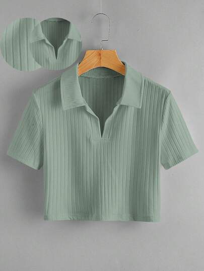 تي شيرت محبوك ومضلع قصير بلون موحد مقاس كبير