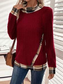 EMERY ROSE 顏色拼接格子高領不對稱下擺袖口拼接抓毛衣帶有肋紋質感 - 酒紅色 - 查看 3