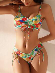 女士花卉印花抽绳设计比基尼套装夏季海滩 - 彩色 - 查看 1