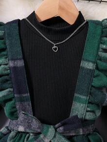 SHEIN 女小童格紋印花荷葉邊繫腰帶洋裝&小高領T恤