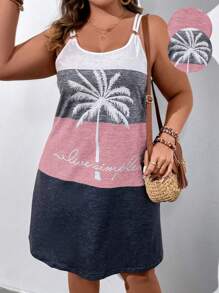 Plus Coconut Tree & Letter Graphic Colourblock Cami Dress - Multicolor - View 1