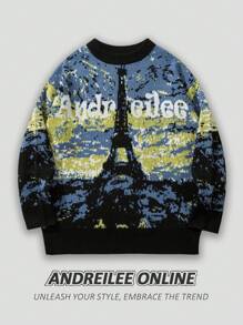 ANDREILEE 男士蓝色油画风格梵高巴黎埃菲尔铁塔圆领套头毛衣，秋冬款 - 藍色 - 查看 1