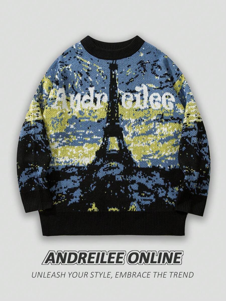 ANDREILEE 男士蓝色油画风格梵高巴黎埃菲尔铁塔圆领套头毛衣，秋冬款 - 藍色 - 查看 1