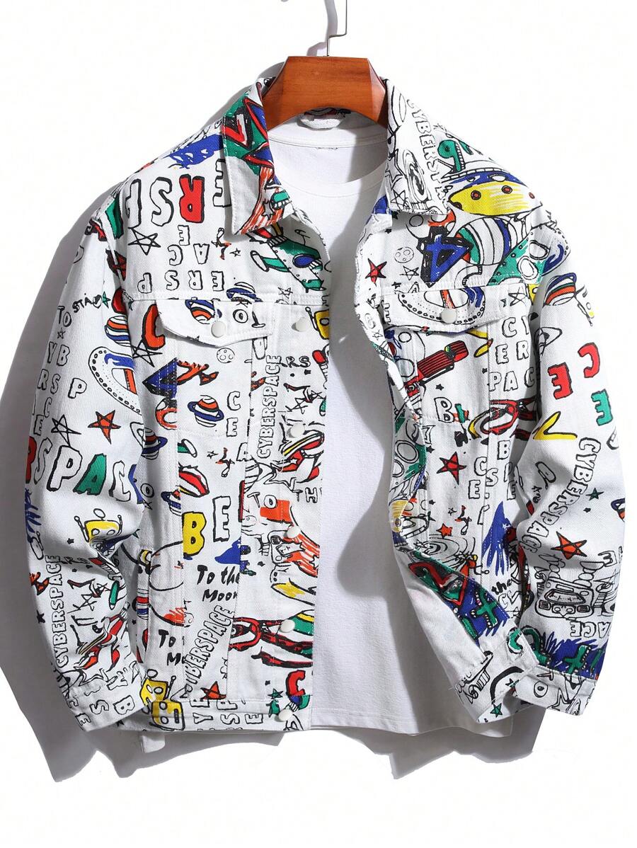 Manfinity LEGND Loose-Fit Men's Denim Jacket With Random Rocket & Letter Print, No Tee Included - Multicolor - View 1