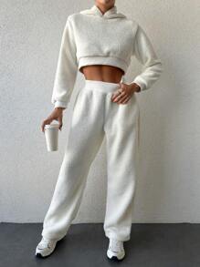 EURMUSE Solid Crop Teddy Hoodie & Pants - White - View 1