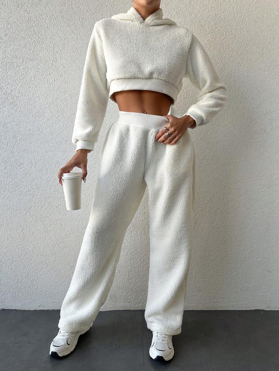 EURMUSE Solid Crop Teddy Hoodie & Pants - White - View 1