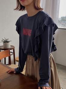 FRIFUL Women's Casual Blue Letter Printed T-Shirt,Ruffle,Graphic Tees Long Sleeve Women Tops - Navy Blue - View 5
