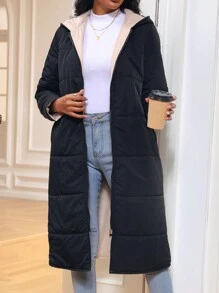 SHEIN Essnce Reversible Zip Up Hooded Padded Padded Coat Clothes Winter - Black - View 4