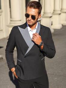 Manfinity Mode Band Collar Double Breasted Blazer Jacket - Black - View 4