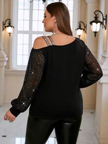 SHEIN Clasi 大码不对称领口灯笼袖 T 恤 - 黑色 - 查看 2