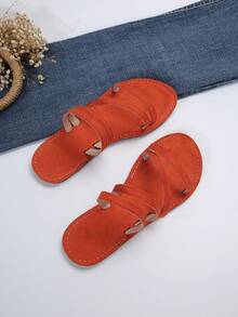 歐美風大尺碼女露趾涼鞋休閒時尚夏季沙灘/戶外穿著 - 橘色 - 查看 7