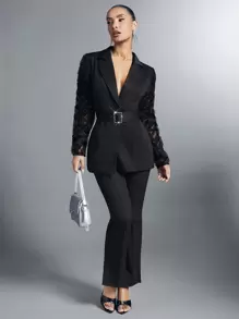 SHEIN BAE Contrast Mesh Sleeve Belted Blazer - Black - View 3