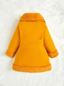 SHEIN 嬰幼女寶寶休閒優雅復古折領絨毛大衣,配帶保暖腰帶適用於秋冬季節 - 黃色 - 查看 2