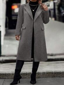 Calvaya Plus Size Women's Houndstooth Lapel Woolen Coat - Grey - View 5